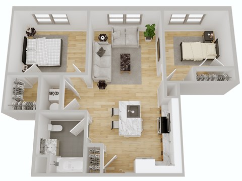 A top-down view of a two-bedroom apartment with a living room, kitchen, and bathroom.